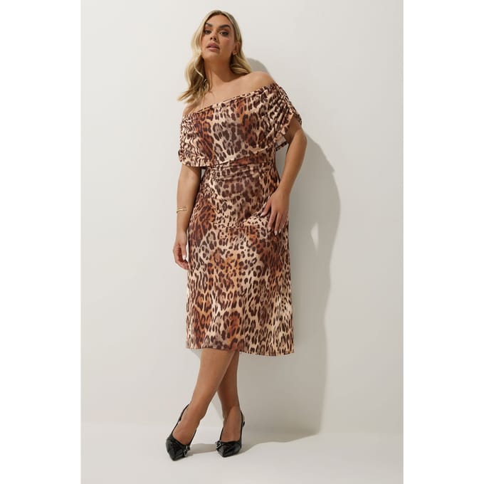 Limited Collection Midi Jurk Met Luipaardprint En Bardot Hals In Bruin Size 48