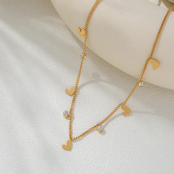 JewelGalerie - Ketting-Hartjes- Diamantjes-Goud