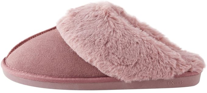 Next - Dames - Met imitatiebont gevoerde suède pantoffelmuiltjes - Roze