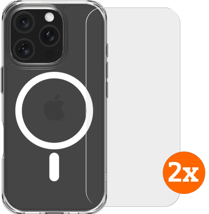 BlueBuilt Protective Back Cover met MagSafe iPhone 16 Pro + Screenprotector Glas Duo Pack