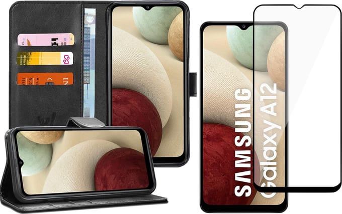 Hoesje geschikt voor Samsung Galaxy A12 - Screen Protector FullGuard - Book Case Kunstleer Pasjeshouder Zwart & Screenprotector