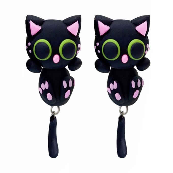 Fako Bijoux® - Oorbellen - Dansende Kat - Zwart/Roze