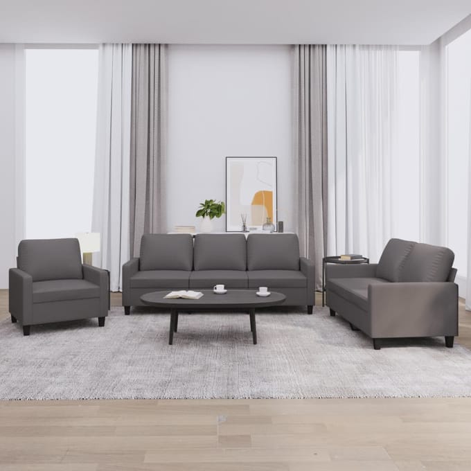 vidaXL - 3-delige - Loungeset - met - kussens - kunstleer - grijs