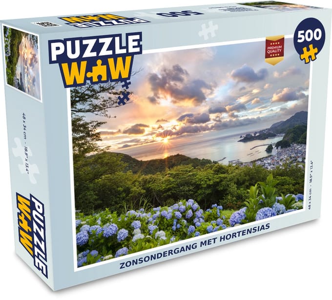 Puzzel Zonsondergang met hortensias - Legpuzzel - Puzzel 500 stukjes