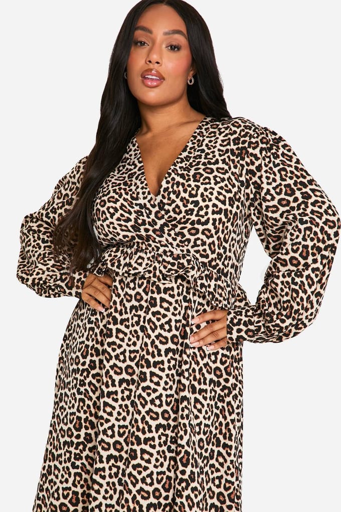 boohoo Dames Plus Geweven Luipaard Wrap Midi Jurk | Leopard | Maat: 28