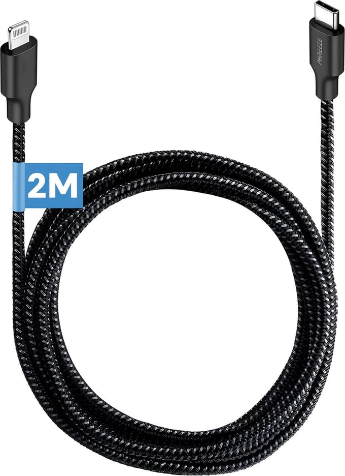 Oplaadkabel geschikt voor usb C naar Lightning - 2 meter lang - Stevig nylon - Zwart - Phreeze