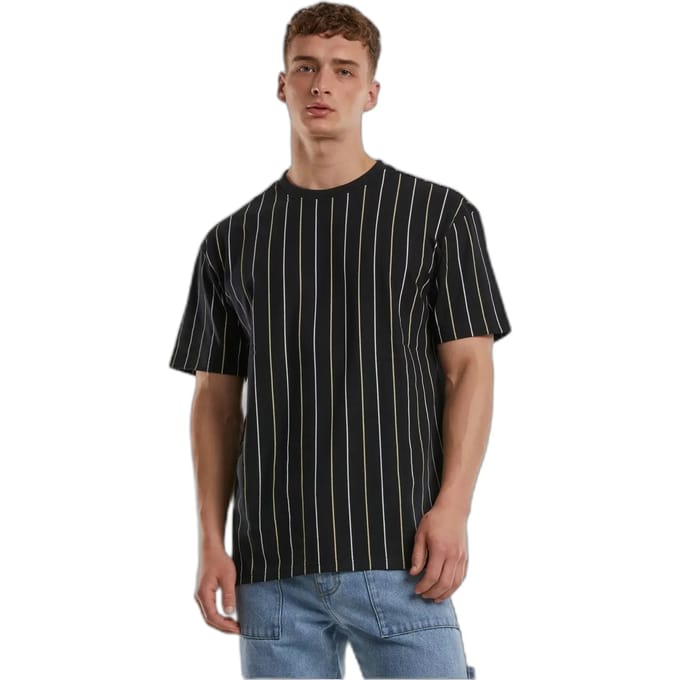 Urban Classics - Printed Pinstripe Heren Tshirt - L - Zwart/Geel