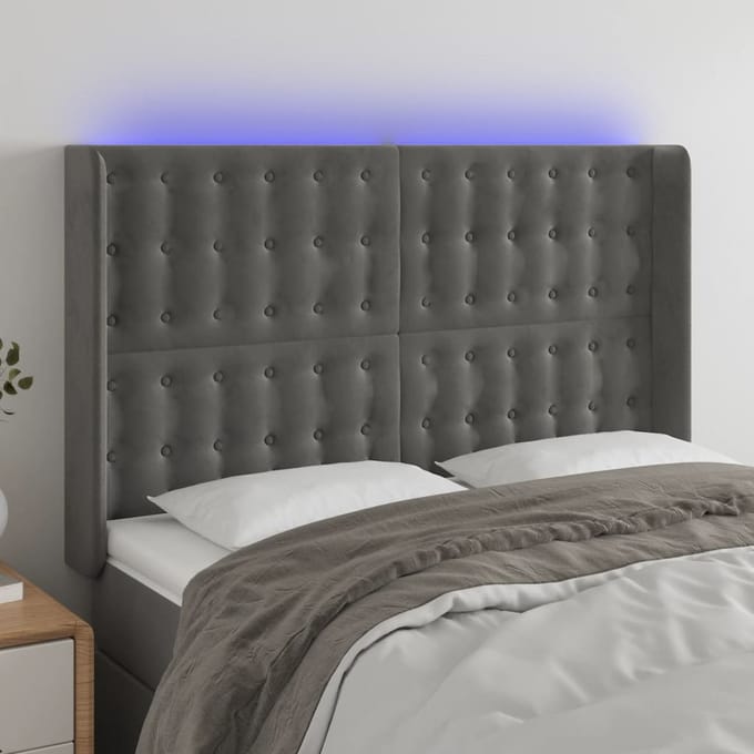 vidaXL - Hoofdbord - LED - 147x16x118/128 - cm - fluweel - donkergrijs