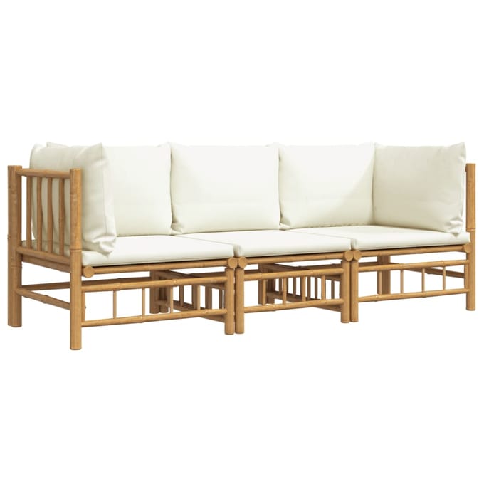 vidaXL - 3-delige - Loungeset - met - kussens - bamboe - crèmewit