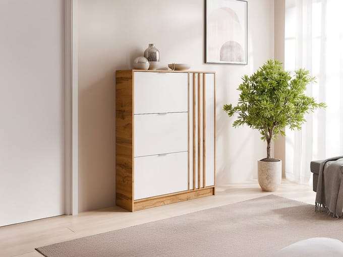 Vente-unique Schoenenkast met 1 deur en 3 klapvakken - Naturel en Wit - JANAKIA