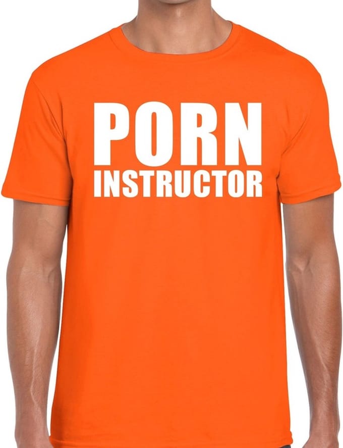 Porn instructor tekst t-shirt oranje heren S