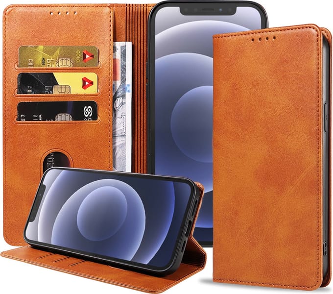 Smartphonica iPhone 12/12 Pro leren hoesje met magnetische sluiting - Bruin geschikt voor iPhone 12;iPhone 12 Pro