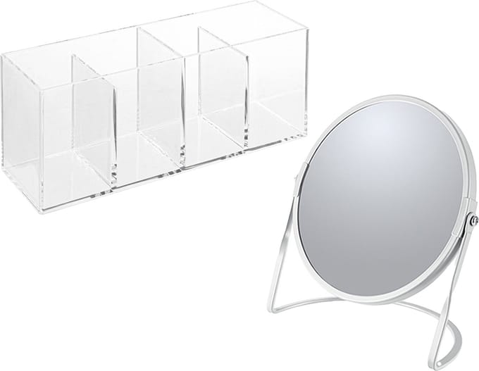 Spirella Make-up organizer en spiegel set - 4 vakjes - plastic/metaal - 5x zoom spiegel - wit/transparant