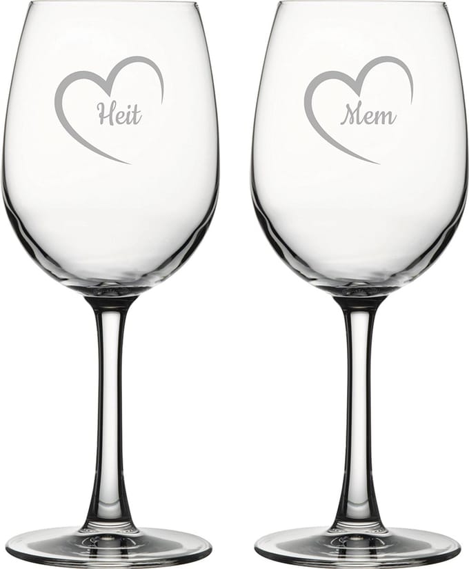 Gegraveerde witte wijnglas 36cl Mem mei hert & Heit mei hert