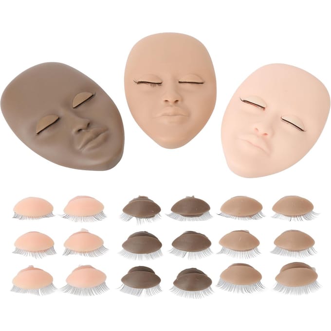 3 stuks Wimper Mannequin Hoofd Wimperextension Oefenpop Hoofd met Vervangbaar Ooglid Enkele Laag beige