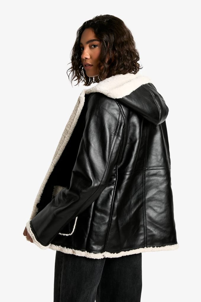 boohoo Dames Hoog Borg Voering Kunstleren Capuchonjas | Black | Maat: 8