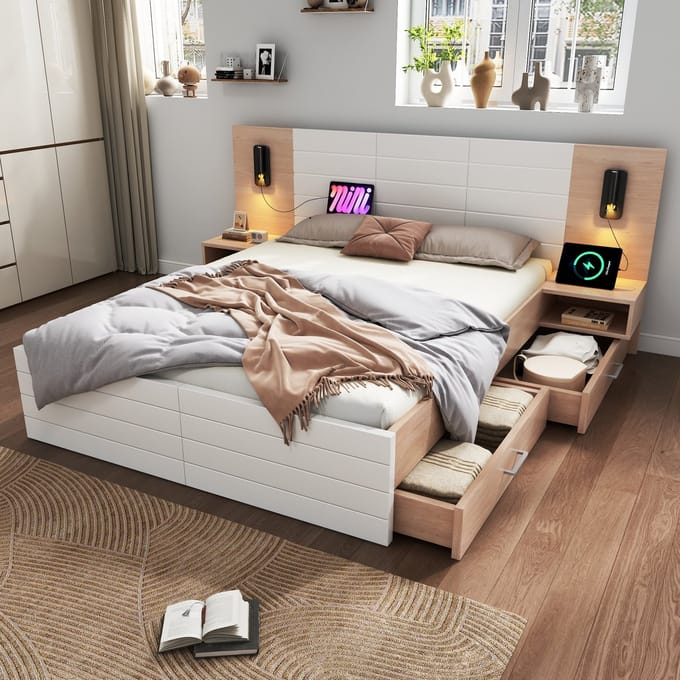 REDOM Bedframe 140x200 cm – Massief hout & MDF – Leeslamp & USB – 2 lades – Wit & Eiken