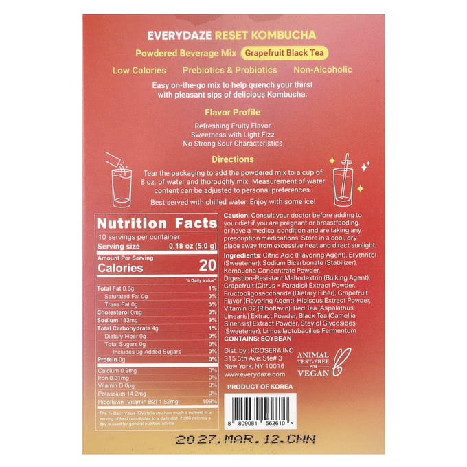 Reset Kombucha, Mélange pour Boisson en Poudre, Pamplemousse Thé Noir, 10 Sachets, 5G (0,18 oz) Chaque