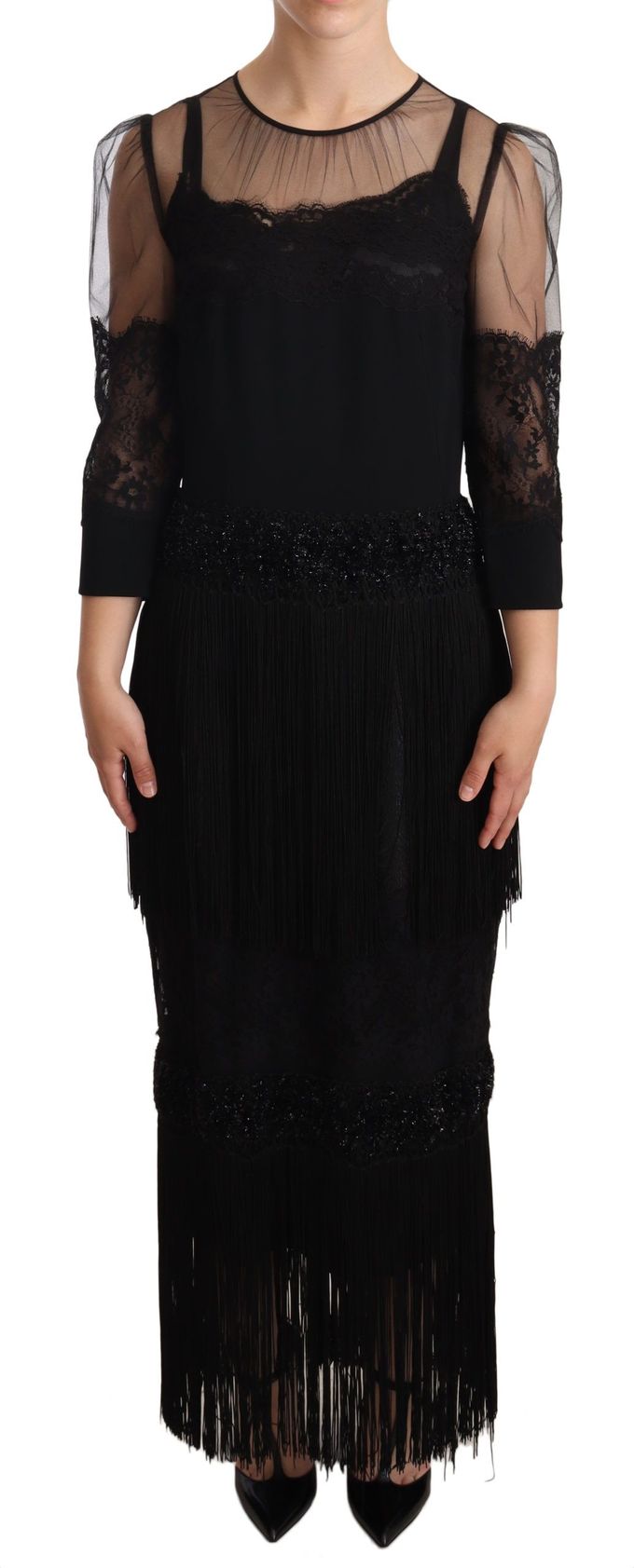 Dolce Gabbana Midi Jurk 34 Mouwen Kant Franje