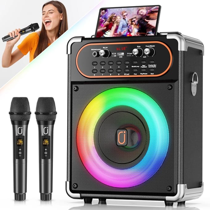 M-Goods - Karaoke Set met 2 Draadloze Microfoons - Bluetooth Karaoke Speaker met Disco LED Verlichting - Draagbare Partybox - Zwar