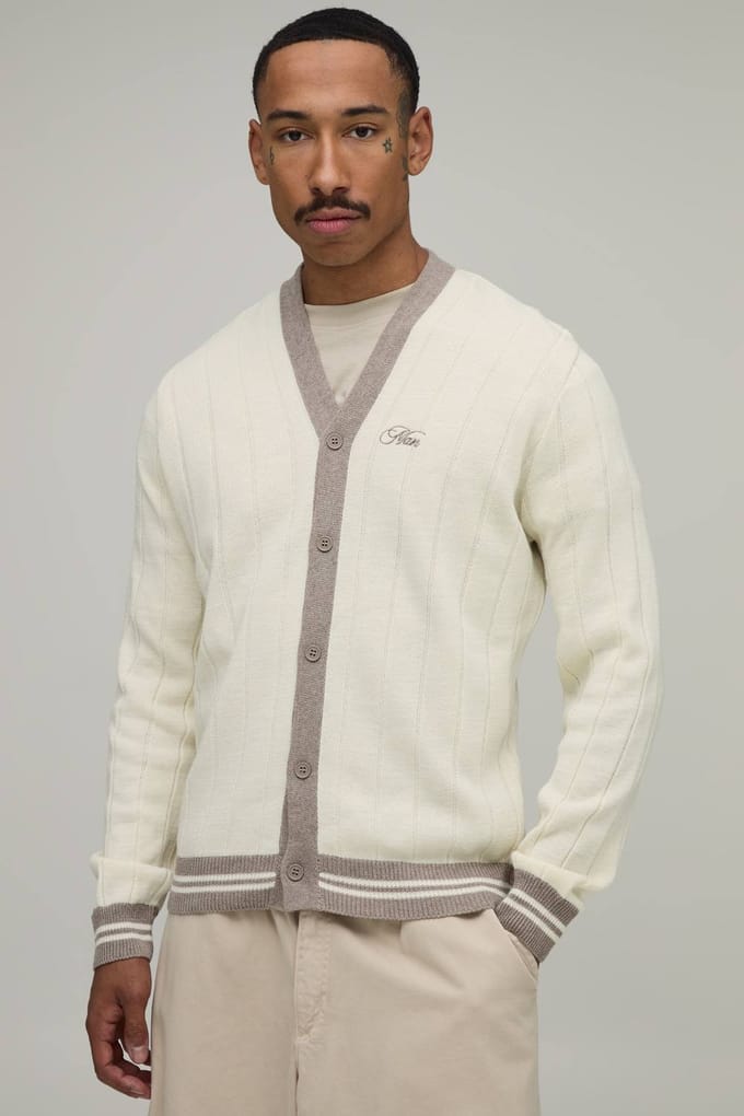 Regular Fit Ribbed Knitted Cardigan | Ecru | Size Large