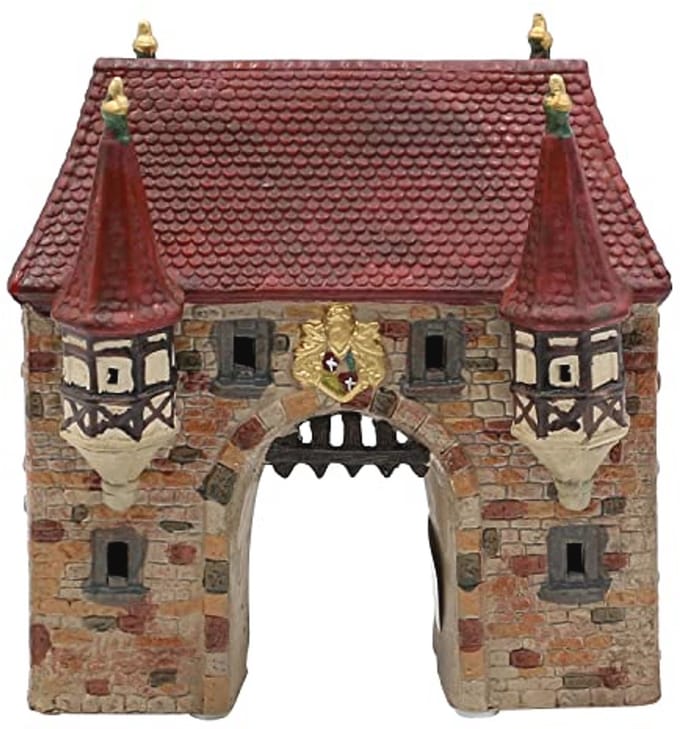 Windlicht stadspoort van porselein met verlichting - 18 x 17 x 19 cm