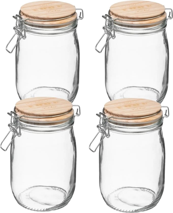 5Five Weckpot/voorraadpot - 4x stuks - 1L glas - houten deksel en beugelsluiting - luchtdichte afsluiting