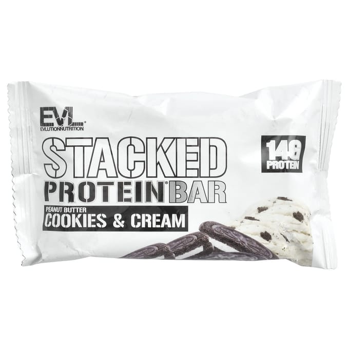 EVLution Nutrition, Gestapelde Eiwitreep, Pindakaas, Cookies & Cream, 12 repen, 65 g per stuk
