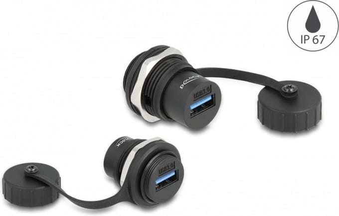 USB naar USB inbouw adapter met beschermkap - IP67 - USB3.0 / zwart