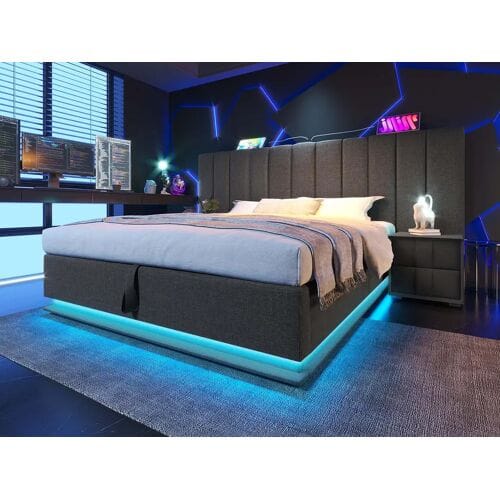ModernLuxe Gestoffeerd linnenopbergbed 160×200cm - met LED en opladen - met lattenbodem - Grijs