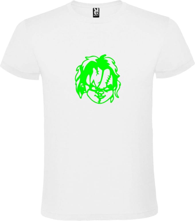 Wit T-Shirt met “ Halloween Chucky “ afbeelding Neon Groen Size XXL