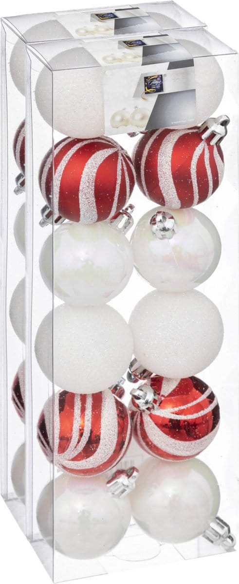 Atmosphera kerstballen 24x -parelmoer wit/rood - 4 cm - kunststof