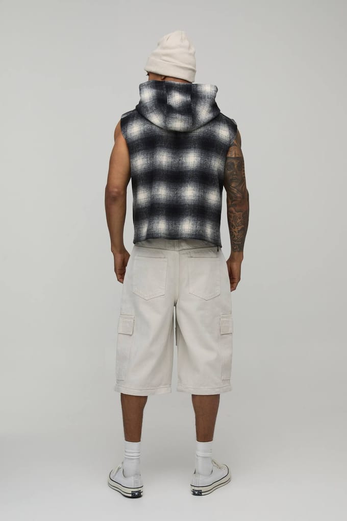 Oversized Brush Check Hooded Sleeveless Overshirt | Black | Size Medium