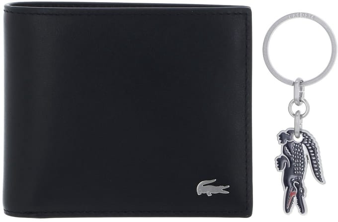 LACOSTE Leren Portemonnee Sleutelhanger FG Billfold Key Ring Box Noir KR Croc Marine Zwart