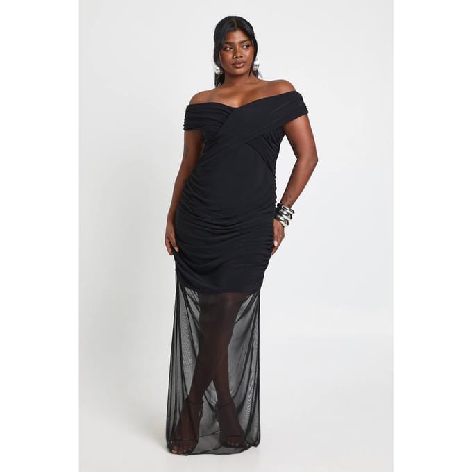 boohoo Dames Plus Bardot Gerimpelde Mesh Rok Maxi Jurk | Black | Maat: 18