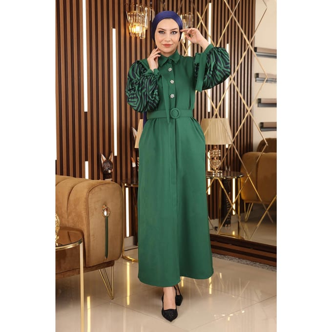 Steen Detailed Met patroon Abaya Smaragdgroen