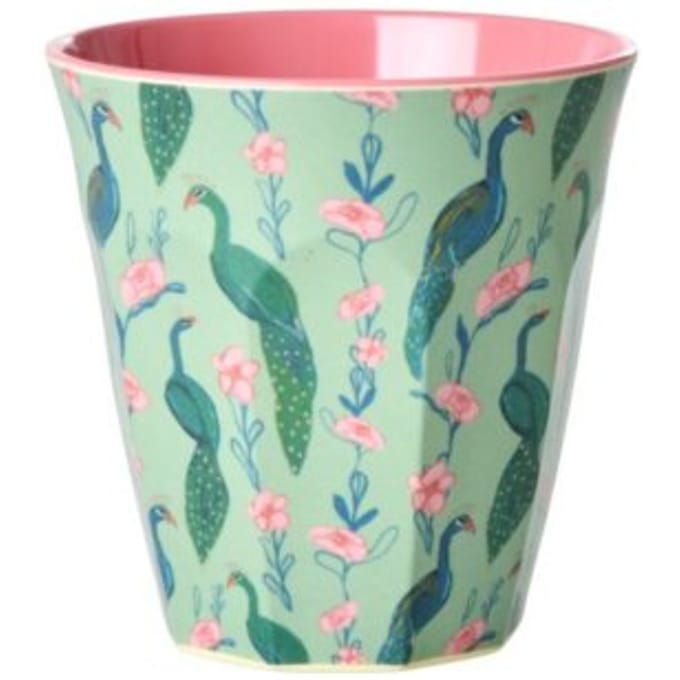 Rice melamine beker, groen met peacock power print, medium 250 ml