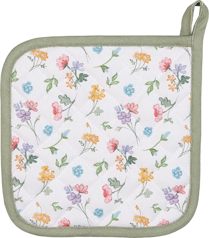 Clayre & Eef Pannenlap 20x20 cm Wit Groen Katoen Bloemen
