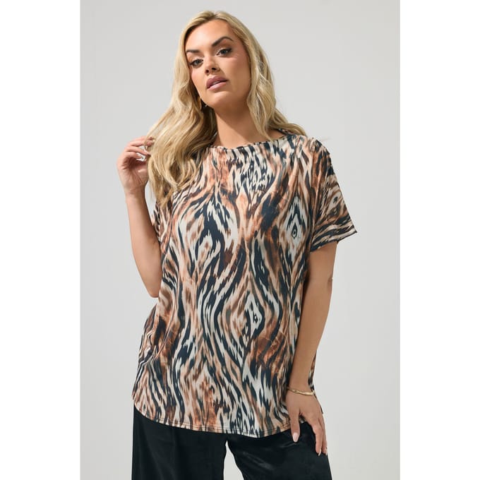 Yours London Bruine Top Met Zebraprint En Gedrappeerde Schouders Size 46