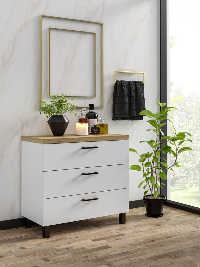 Pro-meubels - Ladekast Novara - Wit - Eiken - 60cm - Opbergkast - 3 lades - Commode