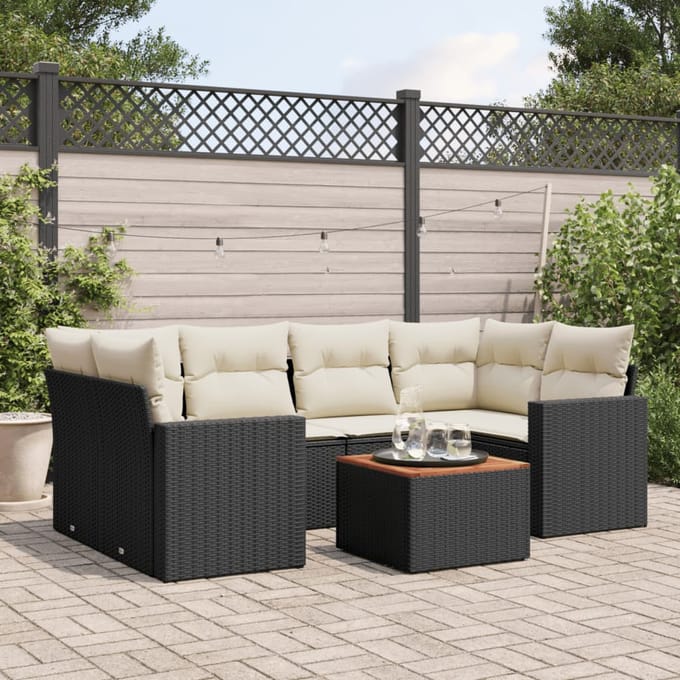 vidaXL - 7-delige - Loungeset - met - kussens - poly - rattan - zwart