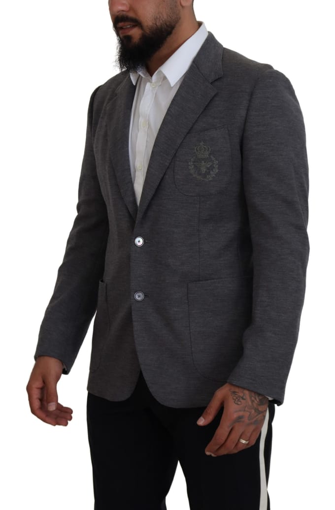 Grijze Blazer Geborduurde Bij Klassieke Pasvorm
