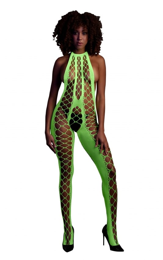 Glow in the Dark Bodystocking met halternek - Groen