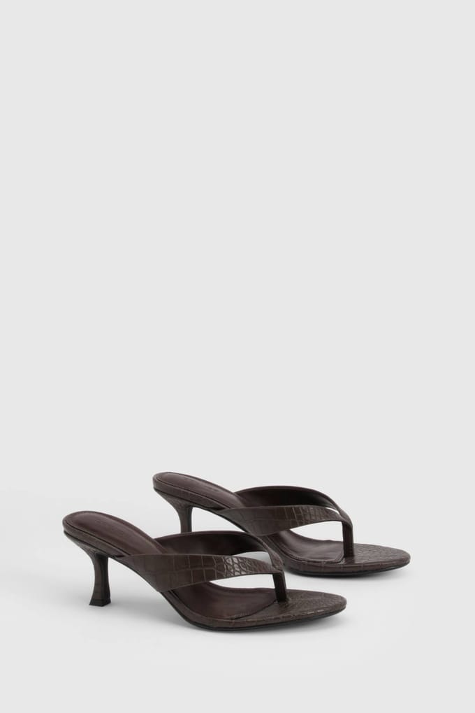 boohoo Dames Croco Teenpost Muiltjes Met Hak | Chocoladebruin | Maat: 36