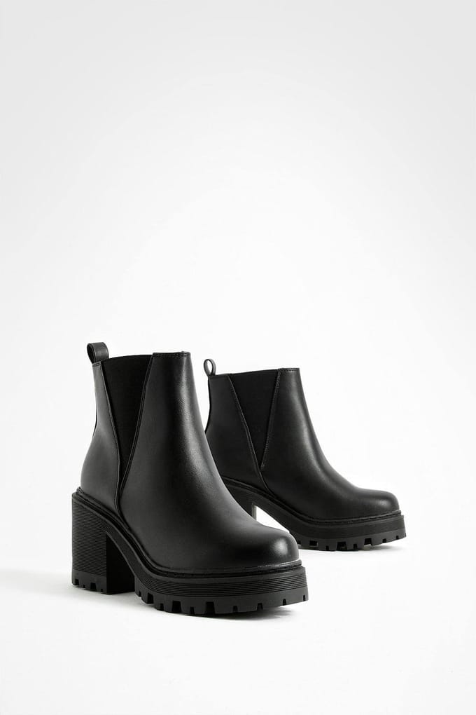 boohoo Dames Wide Fit Chunky Block Hakken Chelsea Boots | Zwart | Maat: 40