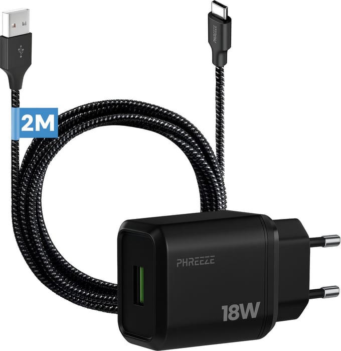 Phreeze usb adapter 18w - Usb A naar usb C kabel - 2 meter - Zwart