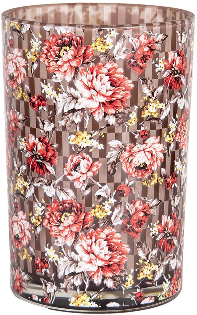 Clayre & Eef Theelichthouder Ø 12x18 cm Bruin Rood Glas Bloemen