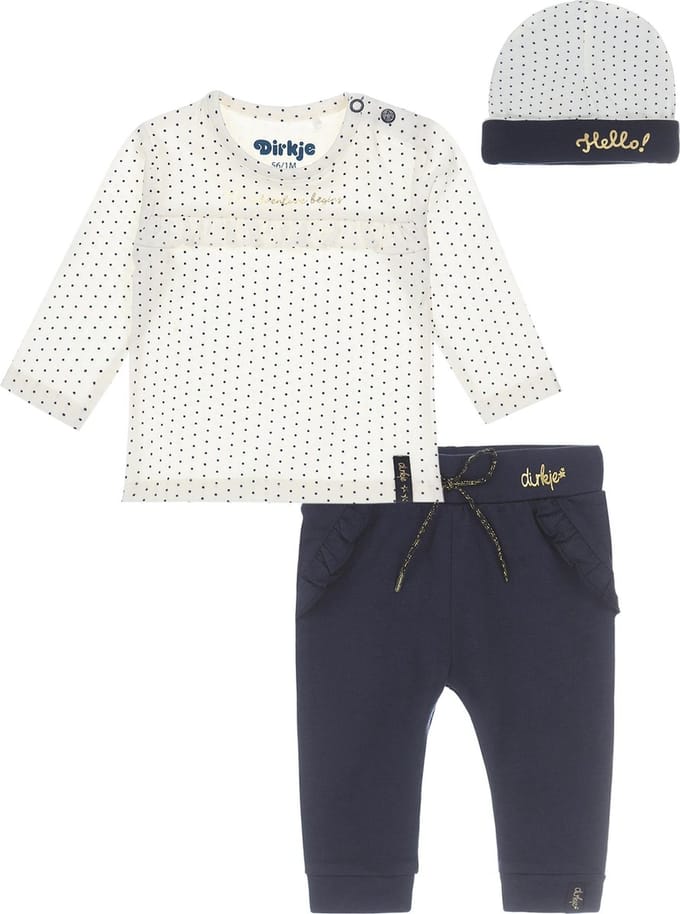 Dirkje Bio Basic SET(3delig) Navy broek, Off white shirt met stip en mutsje - Maat 62