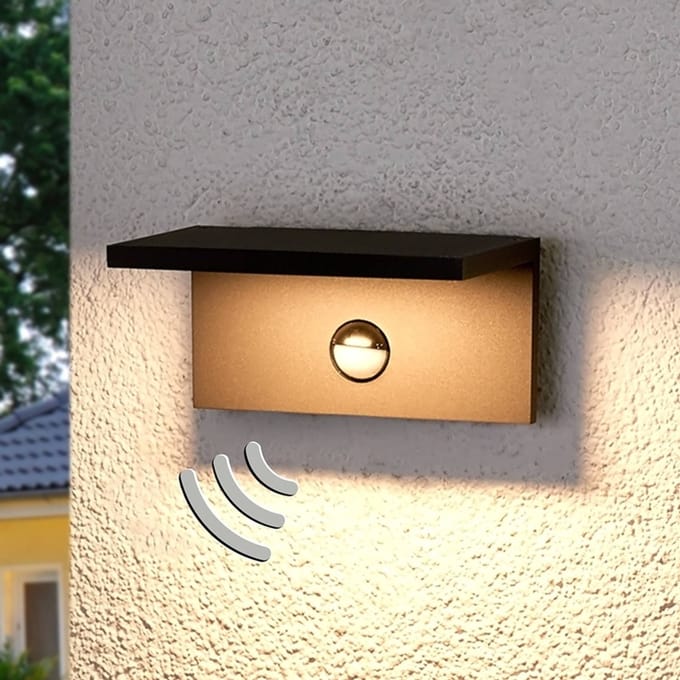 Lucande Hoekige LED outdoor wandlamp Darina, bewegingsm.