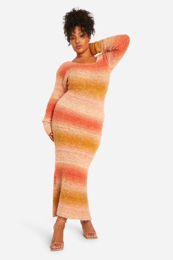 boohoo Dames Plus Ombre Fluffy Knit Midaxi Jurk | Peach | Maat: 22